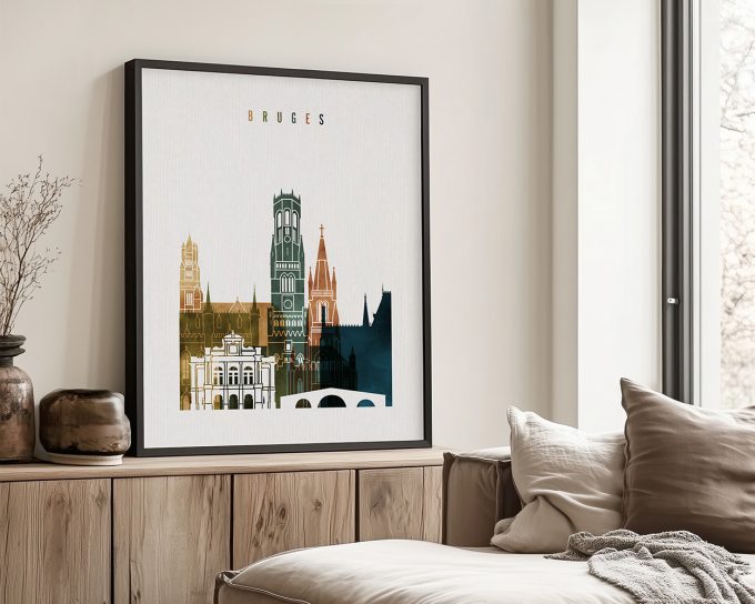 Art print of Bruges featuring iconic buildings and a stylized design in muted colors.