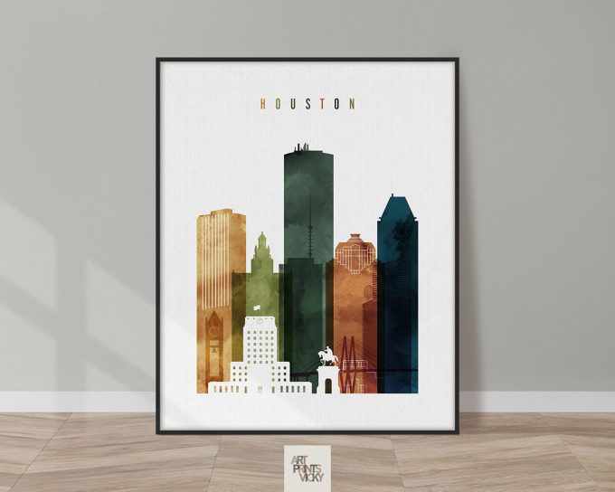 Art print featuring the skyline of Houston with various building silhouettes in shades of green and brown.