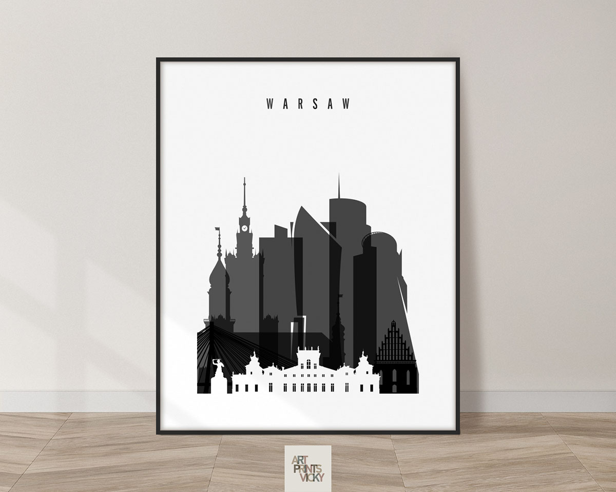 Warsaw skyline black and white poster