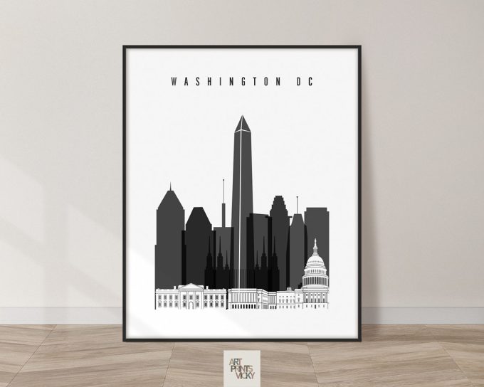 Black and white cityscape illustration of Washington DC with notable buildings and monuments.
