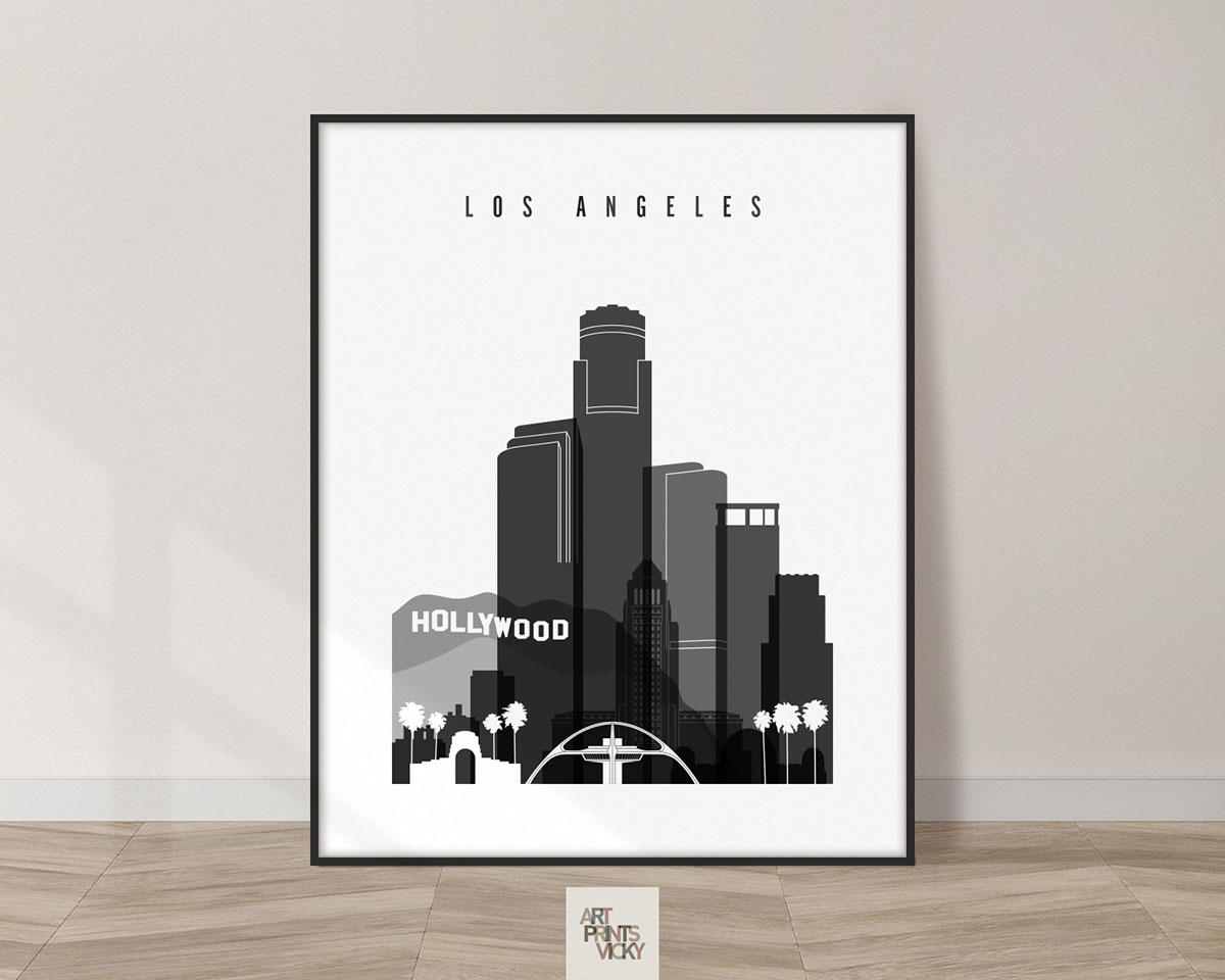 Los Angeles skyline black and white art