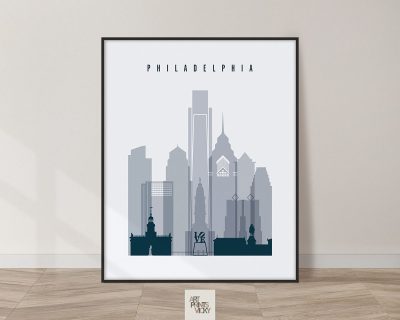 Philadelphia skyline poster grey blue