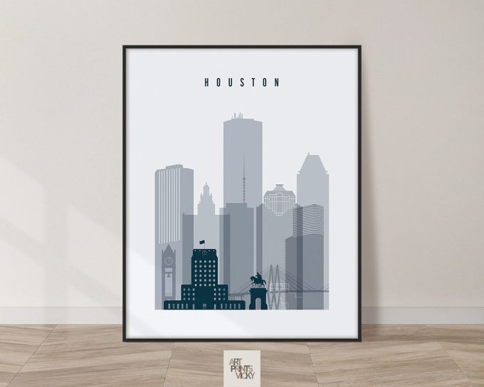 Art print of the Houston skyline featuring various buildings and a silhouette of a person.
