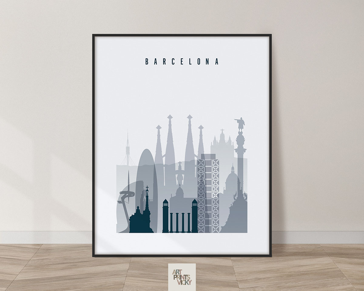 Barcelona Skyline Poster Grey Blue - Perfect for Classic and Modern Homes