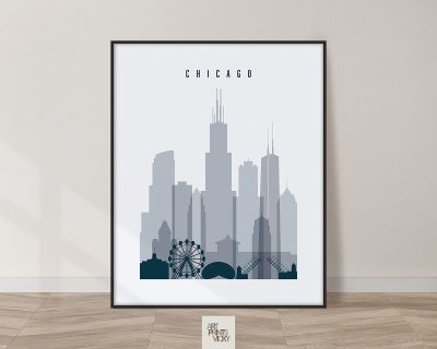 Chicago skyline poster grey blue