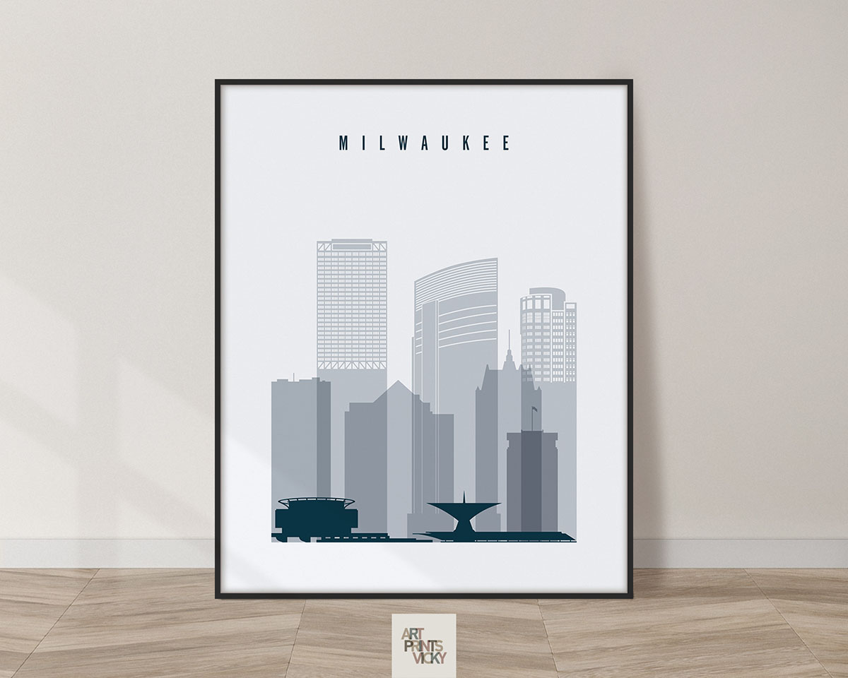 Milwaukee skyline poster grey blue