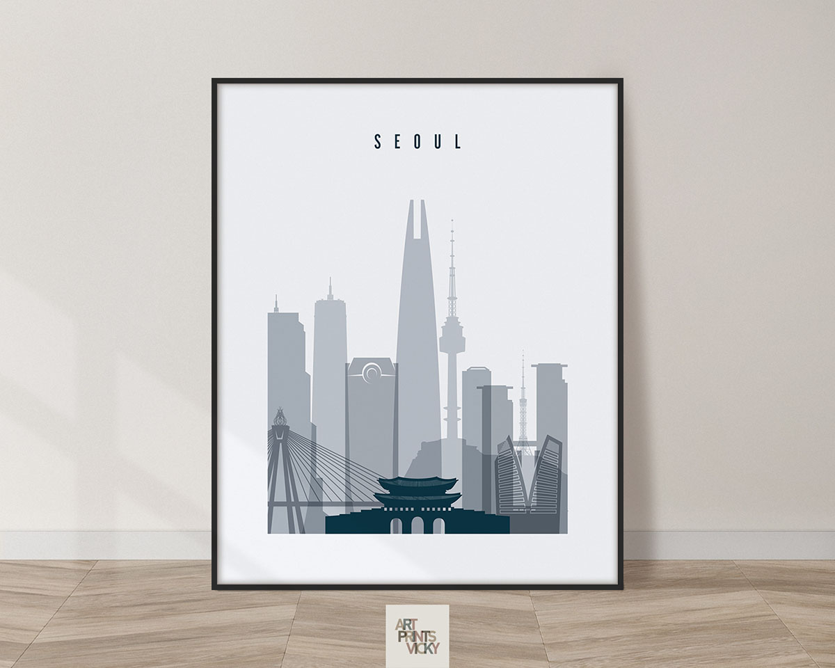 Seoul skyline poster grey blue