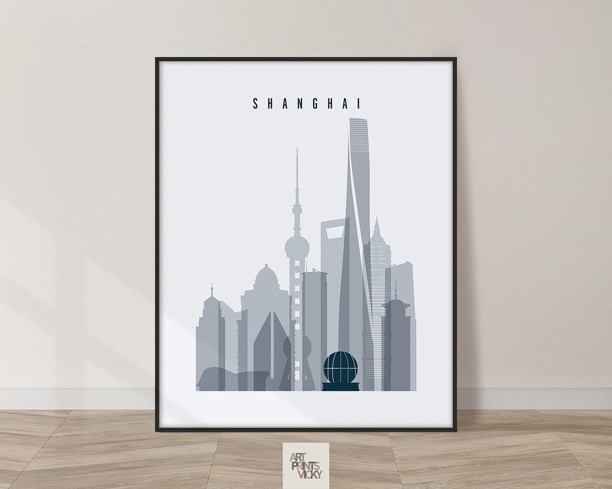 Shanghai skyline poster grey blue