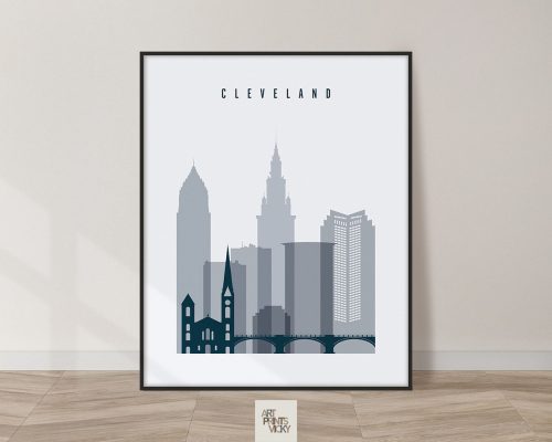Cleveland skyline poster grey blue