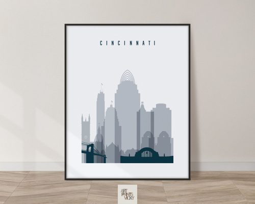 Cincinnati skyline poster grey blue