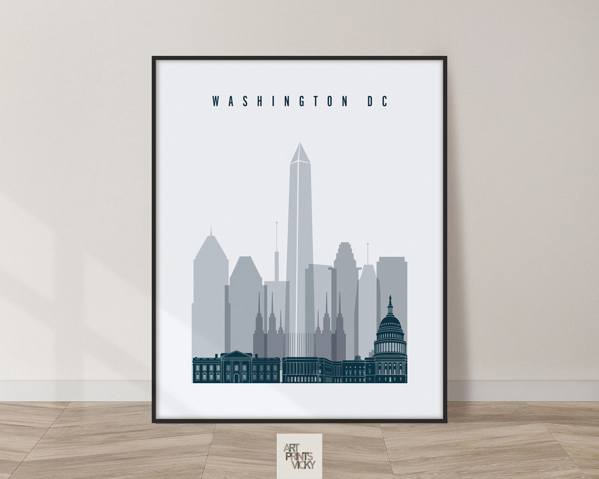 Washington DC skyline poster grey blue