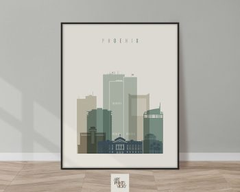 Illustration of the Phoenix city skyline featuring various buildings in muted colors.