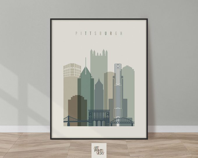 Stylized illustration of Pittsburgh's skyline with various buildings in muted colors.