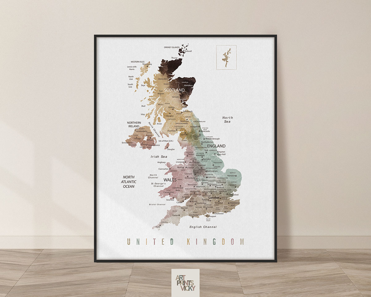 UK map print labeled in watercolor 1