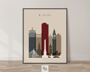 Illustration of Boston skyline featuring notable buildings and structures in various colors.