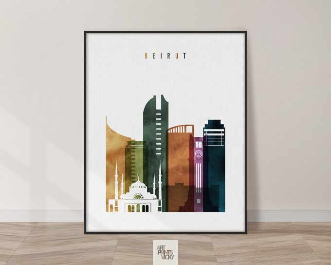 Art print featuring a stylized depiction of the Beirut skyline with various buildings and a mosque.