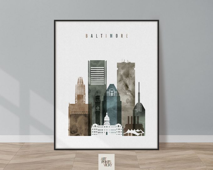 Art print of the Baltimore skyline featuring various buildings in a minimalist style.