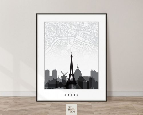 Paris Map Skyline Black And White Print