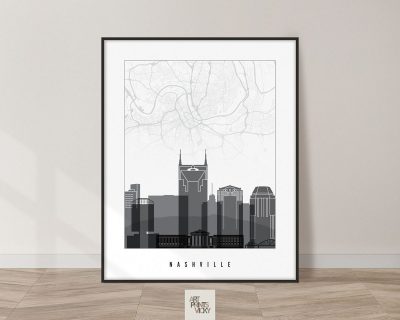 Nashville map print skyline black and white