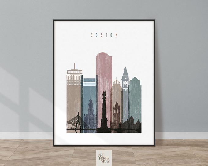 Art print featuring a stylized cityscape of Boston with various building silhouettes.