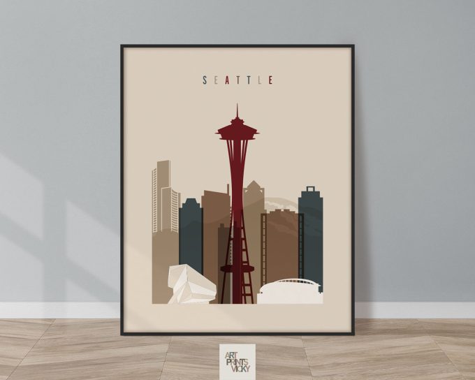 Art print of Seattle skyline featuring the Space Needle and various buildings in muted colors.