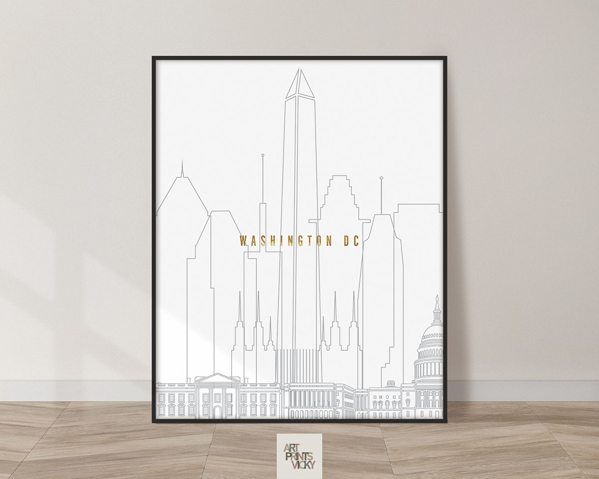 Washington DC art skyline poster grey gold