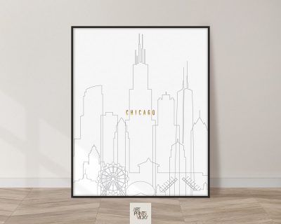 Chicago art skyline poster grey gold