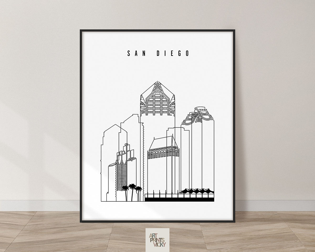 San Diego skyline black and white print