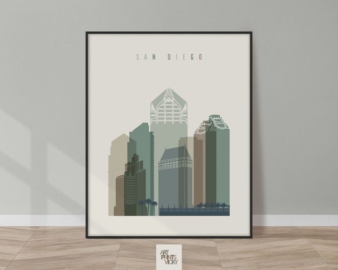 Illustration of San Diego's skyline featuring various modern buildings in muted colors.
