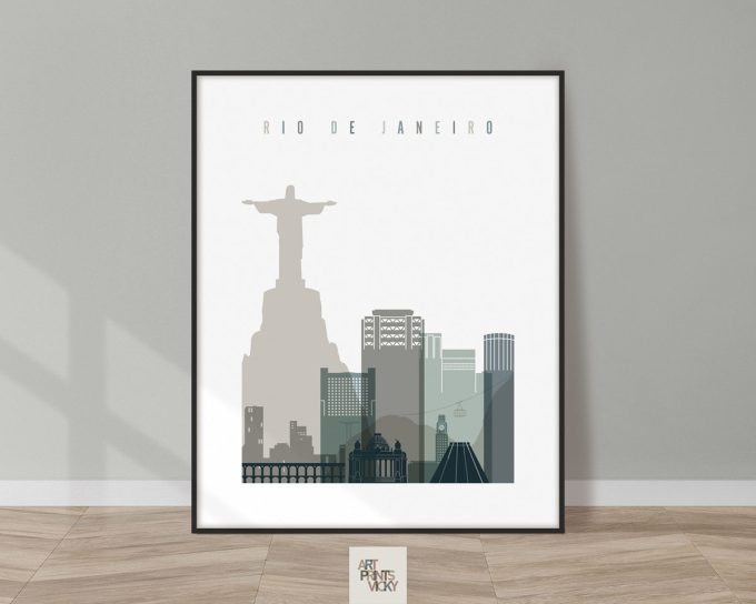 Stylized cityscape print of Rio de Janeiro featuring the Christ the Redeemer statue and city buildings.