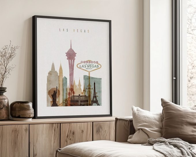 Art print featuring a stylized cityscape of Las Vegas with iconic landmarks and a vintage design.