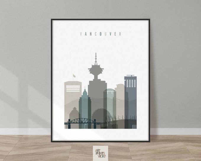 Framed print of Vancouver cityscape with notable buildings and structures in a minimalist style.