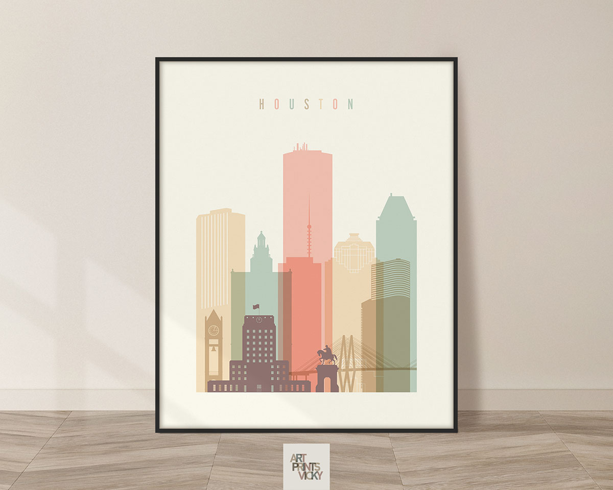 Houston art print skyline pastel cream