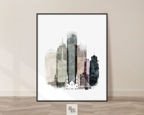Detroit skyline drawing poster warm tones