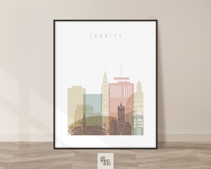 Art print featuring a stylized illustration of Cardiff's skyline with notable buildings.