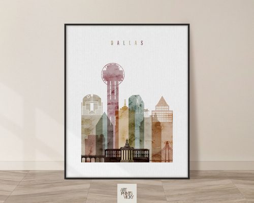 Dallas skyline wall art in watercolor 1