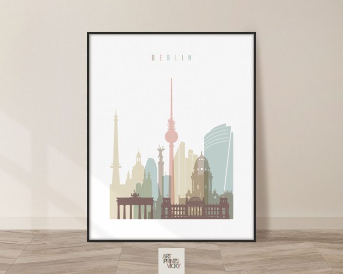 Silhouette of Berlin skyline featuring notable buildings and landmarks in pastel colors.