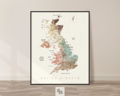 UK map print detailed in pastel