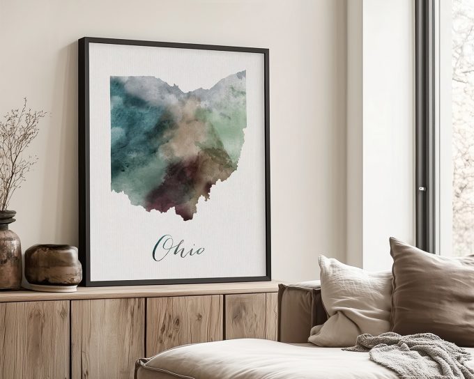 Watercolor artwork depicting the outline of the state of Ohio in various colors.