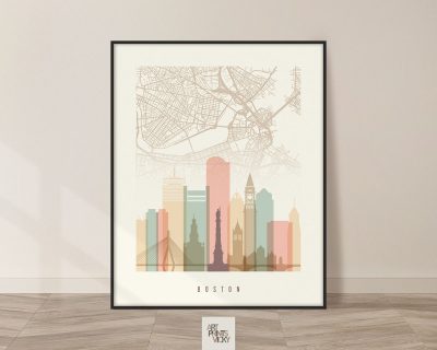 Boston map print poster pastel cream