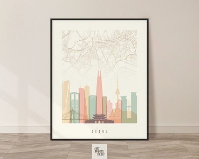 Seoul map print skyline pastel cream