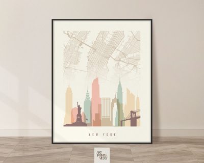 New York map skyline print pastel cream