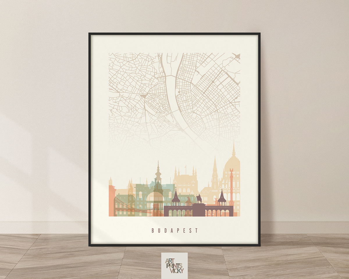 Budapest map print poster pastel cream