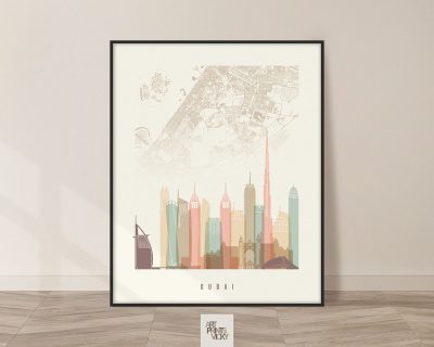 Dubai map skyline poster pastel cream