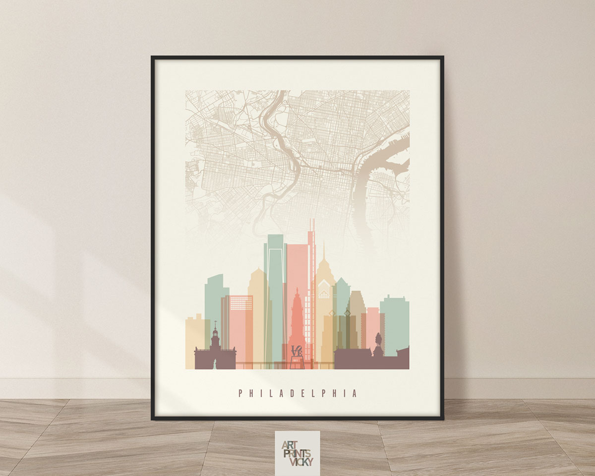 Philadelphia map print skyline pastel cream