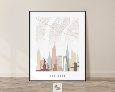 New York map art print pastel white