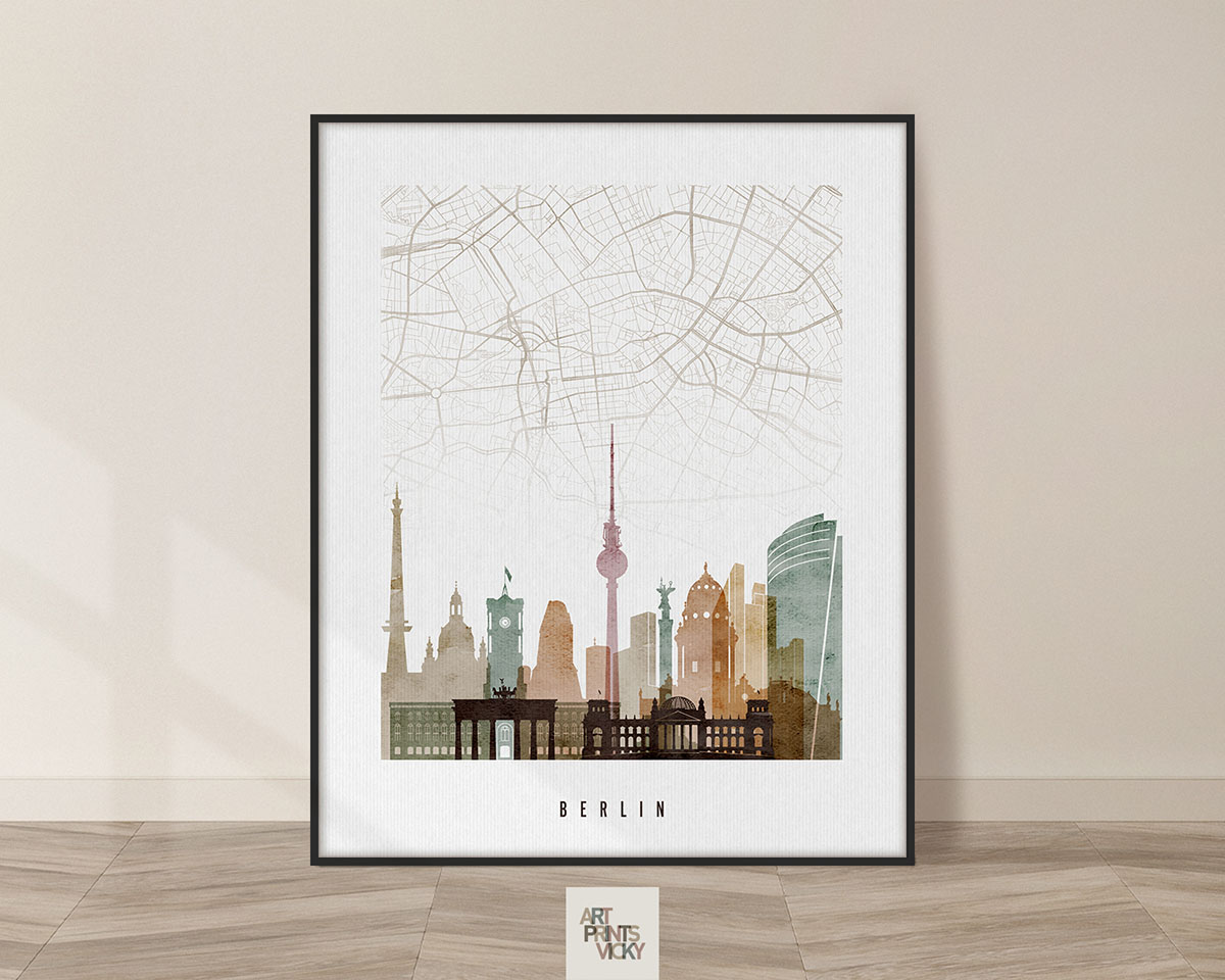 Berlin map skyline poster watercolor 1