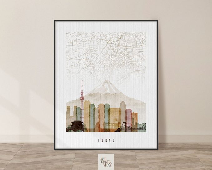 Art print featuring a map of Tokyo with Mount Fuji and city skyline in soft colors.