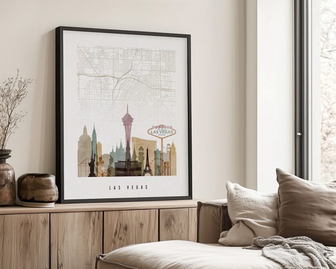 Art print featuring a map of Las Vegas with iconic landmarks and a vintage style.