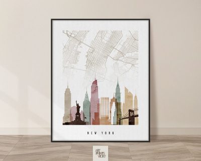 New York map print skyline watercolor 1